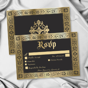 Cartão RSVP Casamento Gótico Preto Dourado Medieval Até a Mort