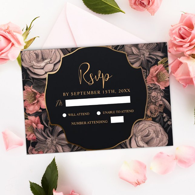 Cartão RSVP Casamento Gótico Preto Negra-Negro-Moody (Floral Moody Dark Skull Black Gothic Wedding RSVP Card)