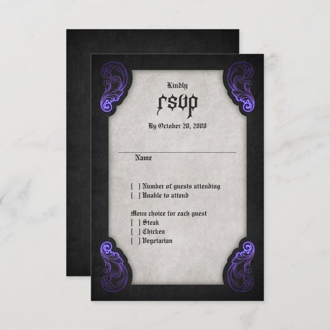 Cartão RSVP Casamento Gótico Preto Roxo (Frente/Verso)