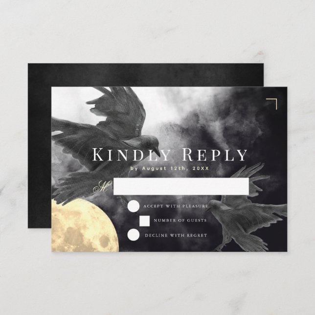 Cartão RSVP Casamento Gótico Raven & Ouro (Frente/Verso)