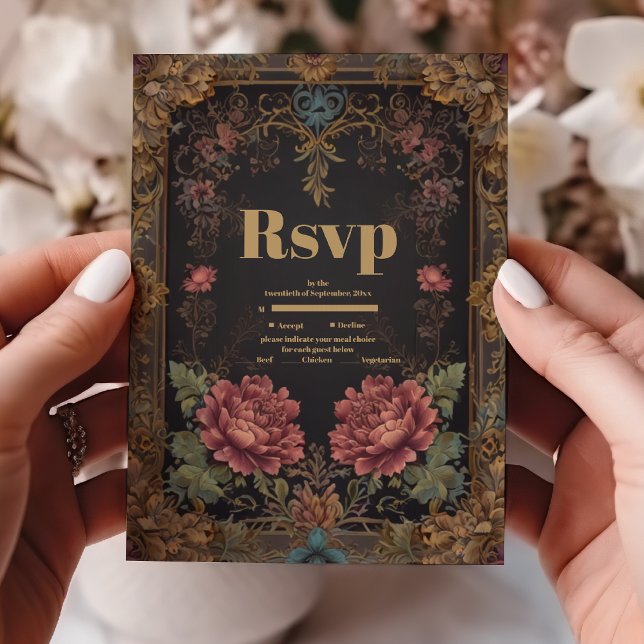 Cartão RSVP Casamento Gótico Vitoriano Floral (Criador carregado)