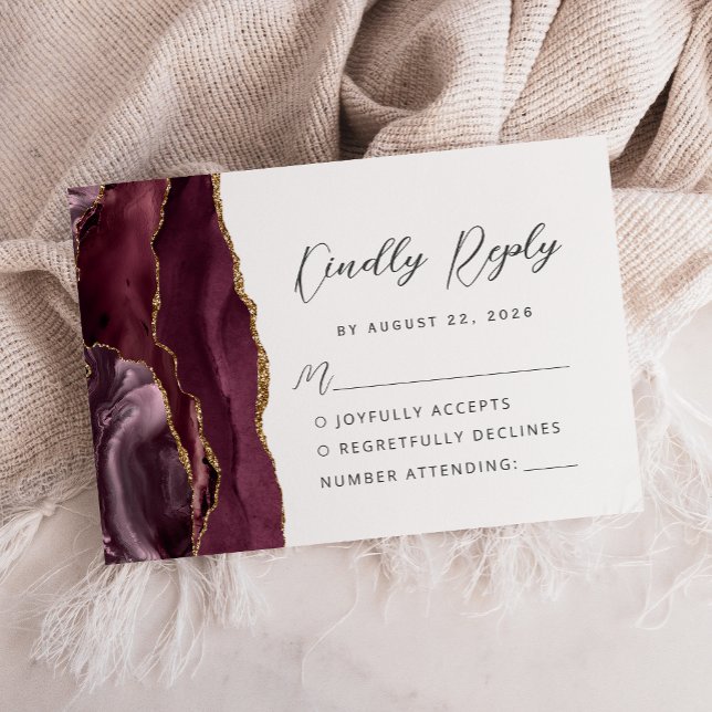 Cartão RSVP Casamento Grafia Moderna Ágata Borgonha Dourada (Criador carregado)