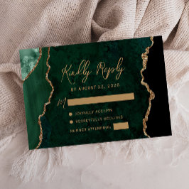 Cartão RSVP Casamento Grafite Dourado Ágata Verde Esmeralda