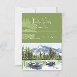 Cartão RSVP Casamento Greenery Rustic Watercolor Mountain Lake