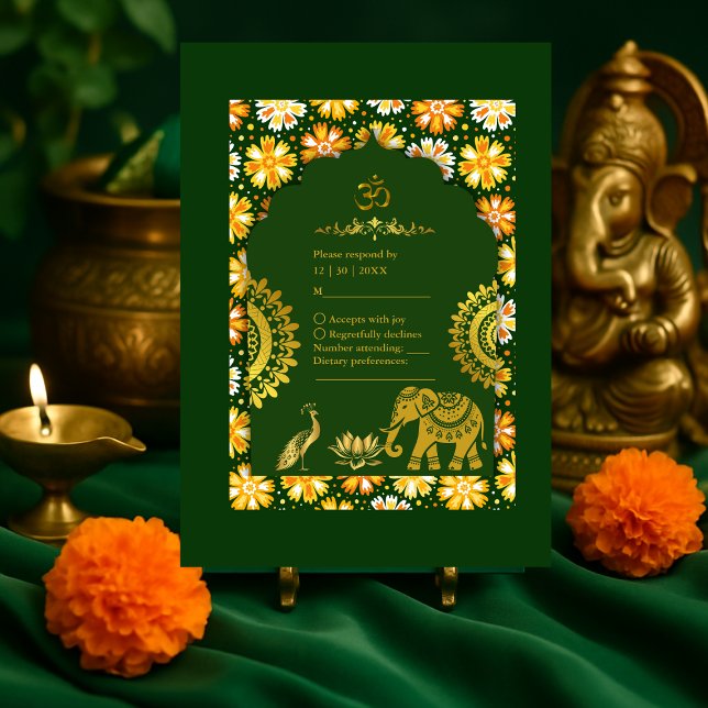 Cartão RSVP Casamento Hindu Marigold, tradicional do Emerald (Criador carregado)