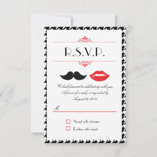 Cartão RSVP Casamento Houndstooth com Bigode e Lábios Vermelho