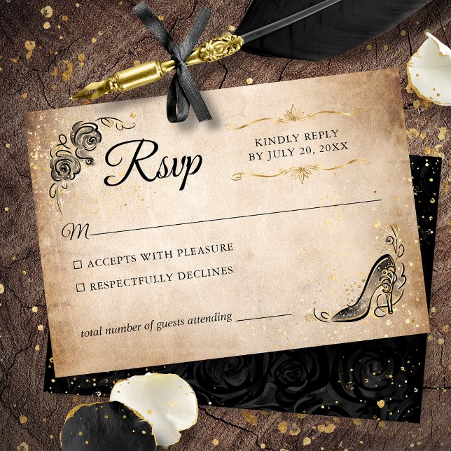 Cartão RSVP Casamento Imperativo da Princesa Dourada e Negra (Create your own elegant black and gold RSVP card on an easy DIY template for your fairy tale event.)