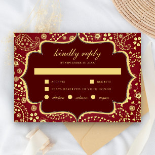 Cartão RSVP Casamento Indiano ao estilo Bollywood em Dourado e