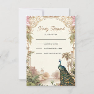 Cartão RSVP Casamento Indiano Elegante Vintage Pavão Jardim