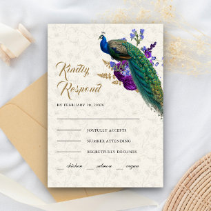 Cartão RSVP Casamento Indiano Floral Roxo Azul Real Pavão
