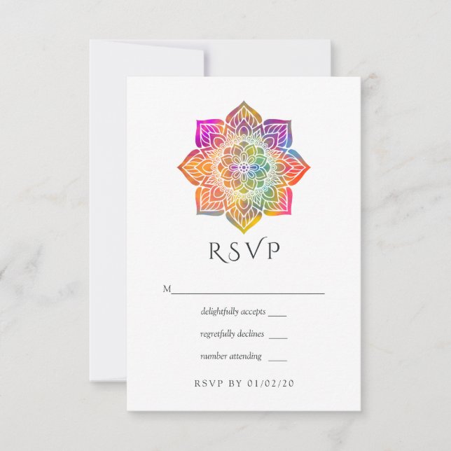 Cartão RSVP Casamento Indiano Mandala Arco-íris (Frente)