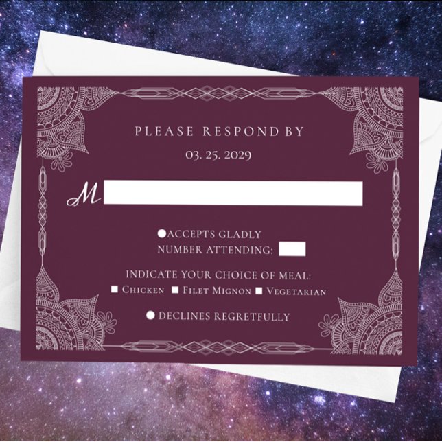 Cartão RSVP Casamento Indiano Purple Paisley Mandala (Criador carregado)