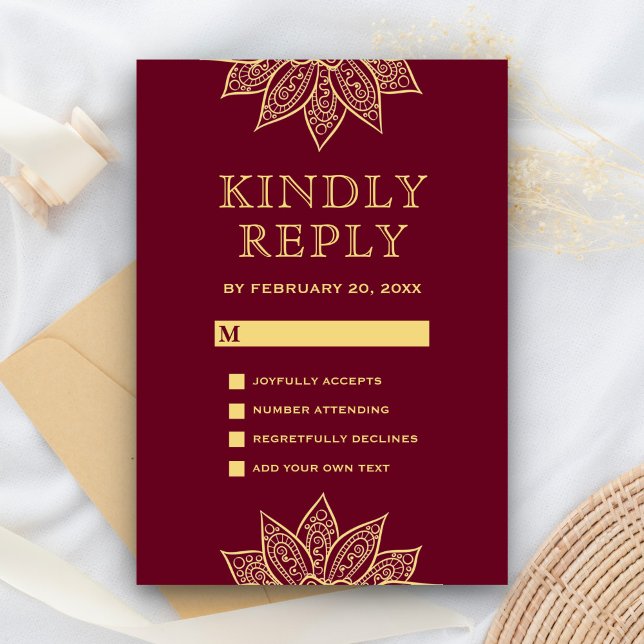 Cartão RSVP Casamento Índio Dourado Burgundy Mehendi Henna (Criador carregado)