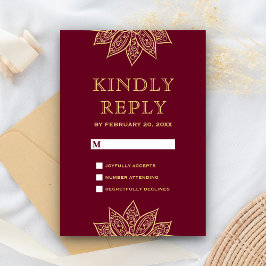 Cartão RSVP Casamento Índio Dourado Burgundy Mehendi Henna