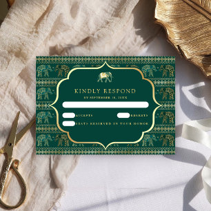 Cartão RSVP Casamento Índio Emerald Green e Elefante Dourado