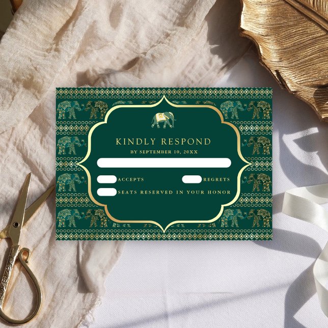 Cartão RSVP Casamento Índio Emerald Green e Elefante Dourado (Criador carregado)