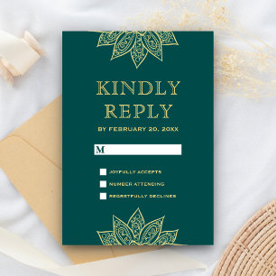 Cartão RSVP Casamento Índio Mehendi Henna, Mar Dourado Verde
