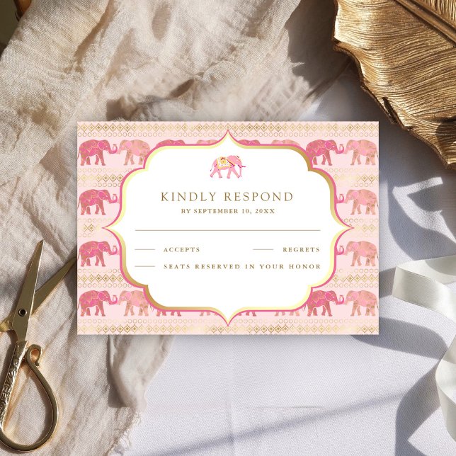 Cartão RSVP Casamento índio, rosa e elefante Dourado (Criador carregado)