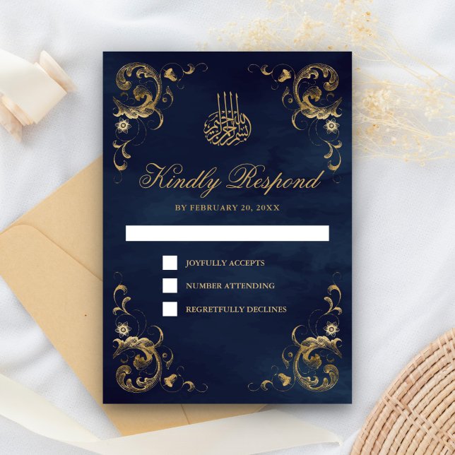 Cartão RSVP Casamento Islâmico Azul, Marinho de Quadro Dourado (Criador carregado)