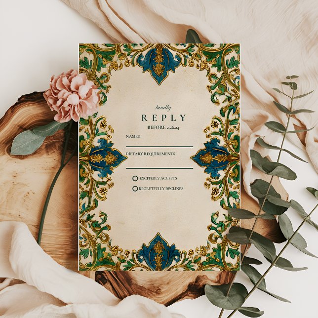 Cartão RSVP Casamento Islâmico Barroco Esmeralda (Criador carregado)
