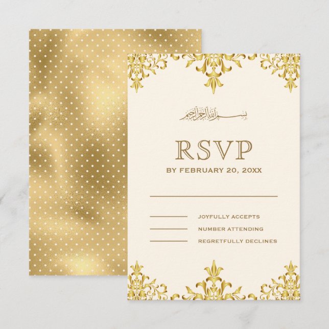 Cartão RSVP Casamento Islâmico com Creme Elegante e Folha de O (Frente/Verso)