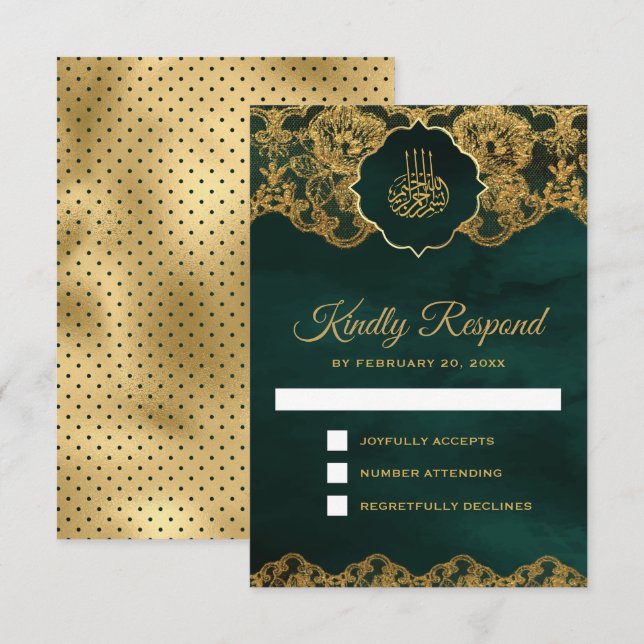 Cartão RSVP Casamento Islâmico de Emerald Green Gold Foil Lace (Frente/Verso)