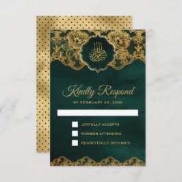 Cartão RSVP Casamento Islâmico de Emerald Green Gold Foil Lace
