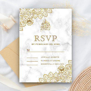 Cartão RSVP Casamento Islâmico Muçulmano com Renda Dourada em