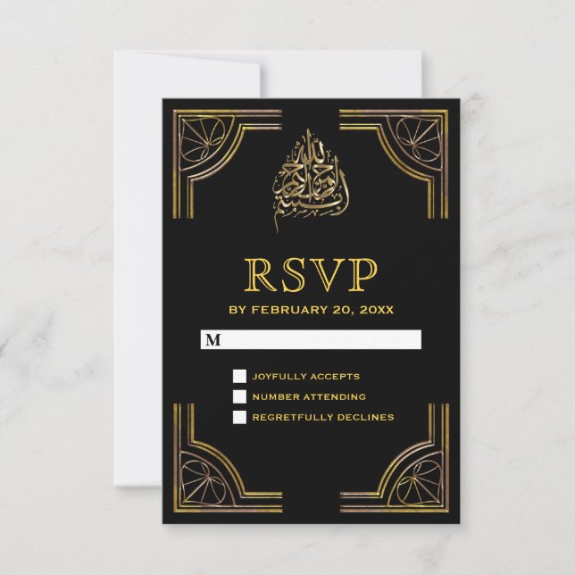 Cartão RSVP Casamento islâmico-muçulmano Dourado negro (Frente)
