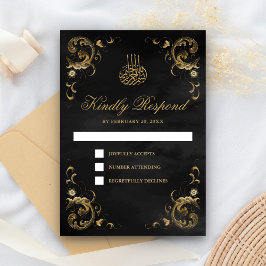 Cartão RSVP Casamento Islâmico Negro Dourado antigo
