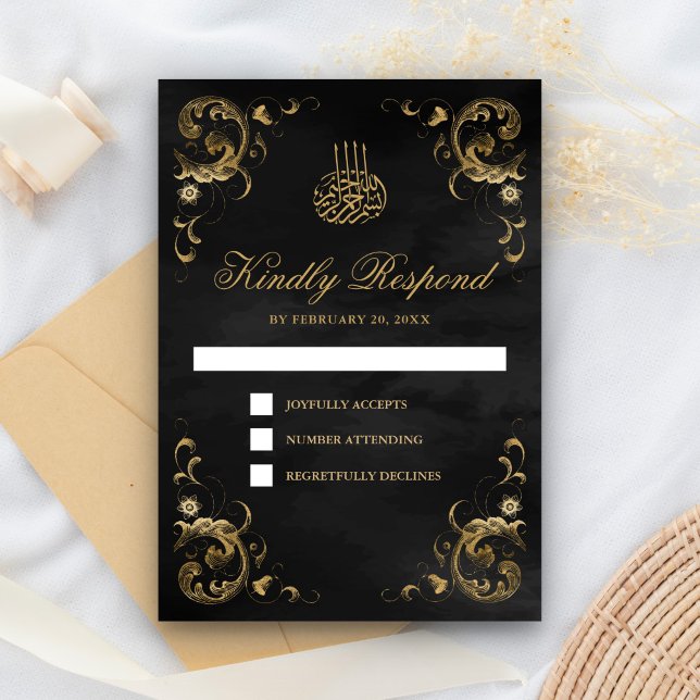 Cartão RSVP Casamento Islâmico Negro Dourado antigo (Criador carregado)