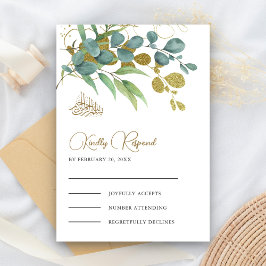 Cartão RSVP Casamento Islâmico Rustic Eucalyptus Dourado Branc