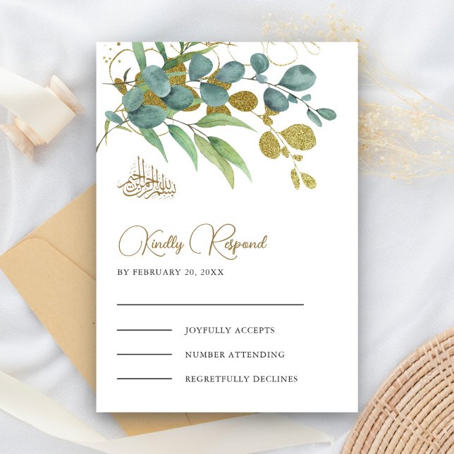 Cartão RSVP Casamento Islâmico Rustic Eucalyptus Dourado Branc (Criador carregado)