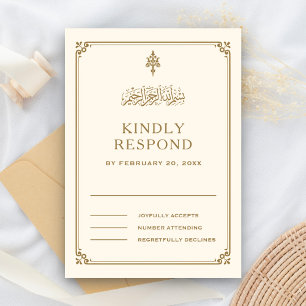 Cartão RSVP Casamento Islâmico Tradicional com Borda Dourada e