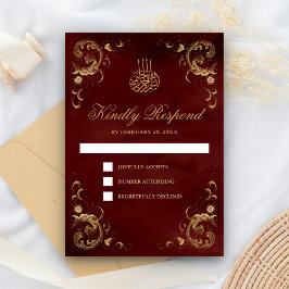 Cartão RSVP Casamento Islâmico Vermelho e Borgonha Dourado ant