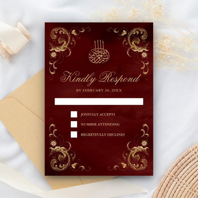 Cartão RSVP Casamento Islâmico Vermelho e Borgonha Dourado ant (Criador carregado)