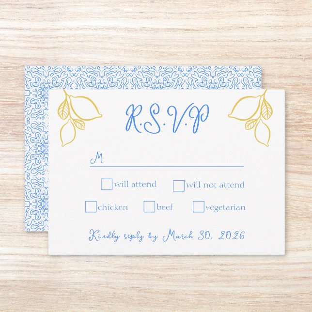 Cartão RSVP Casamento italiano de Azulejo azul-limão-mediterrâ (Customize this chic lemon-themed RSVP card to match your Mediterranean-inspired wedding invitations.)