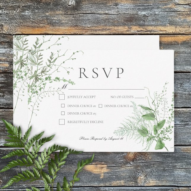 Cartão RSVP Casamento Jante Rustic Fern Foliage White (Rustic Fern Foliage White Dinner Wedding RSVP Card)