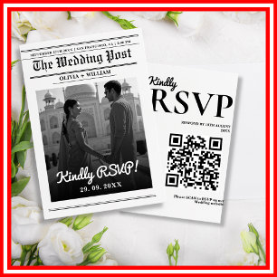 Cartão RSVP Casamento Jornal Moderno Elegante Código QR