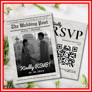 Cartão RSVP Casamento Jornal Vintage Código QR Elegante