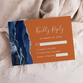 Cartão RSVP Casamento Laranja Azul Naval Prata Ágata Moderno