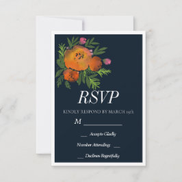 Cartão RSVP Casamento Laranja e Marinho Floral Moderno e Frio