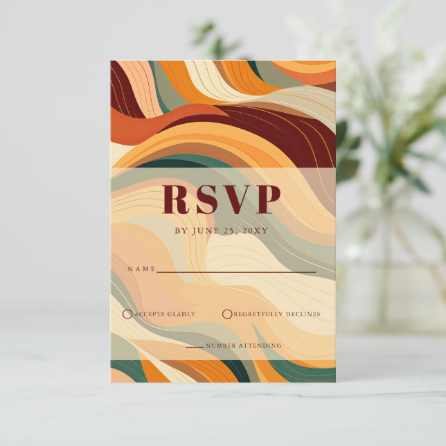 Cartão RSVP Casamento Laranja Retro Abstrato Terthy Terracotta (Em pé/Frente)