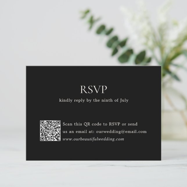 Cartão RSVP Casamento Legante do Código QR Preto Moderno (Em pé/Frente)