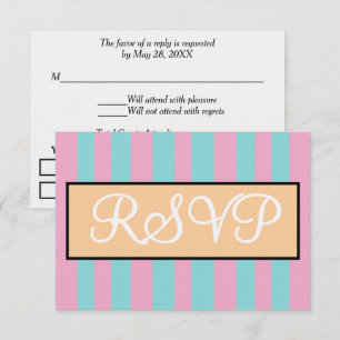 Cartão RSVP Casamento Listras de Cabana Rosa Azul Mar 