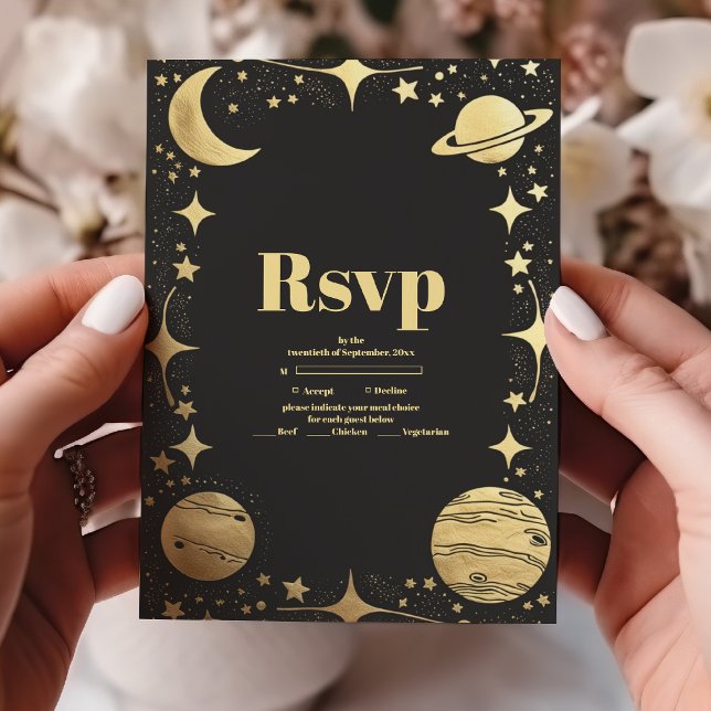 Cartão RSVP Casamento Lua Crescente Preto Celestial Dourado (Criador carregado)