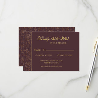 Cartão RSVP Casamento Luxuoso de Rosas Douradas e Chocolate El