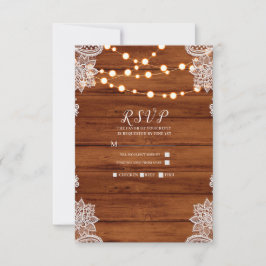 Cartão RSVP Casamento Luzes de Madeira Rústica com Renda e Cor