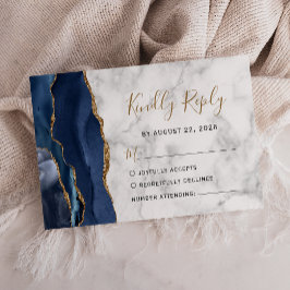 Cartão RSVP Casamento Mármore Azul Naval Ouro Ágata Moderno