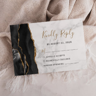 Cartão RSVP Casamento Mármore Cinza Ágata Dourada Preta